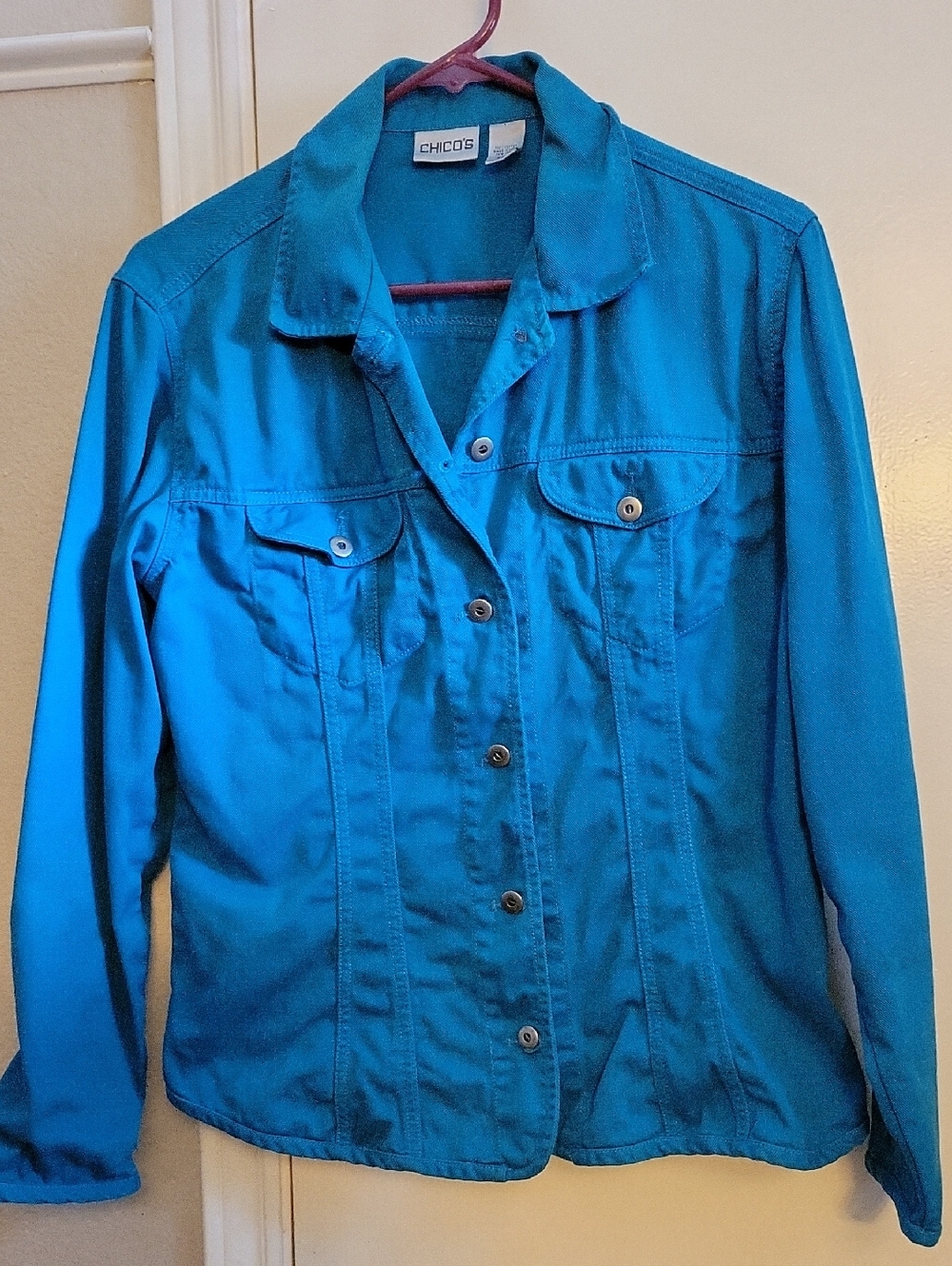 Chico's Bright Teal Button-Up Jean Jacket